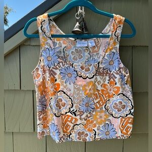 Nicole Miller Linen Orange and Purple Graphic Crop Tank Top S